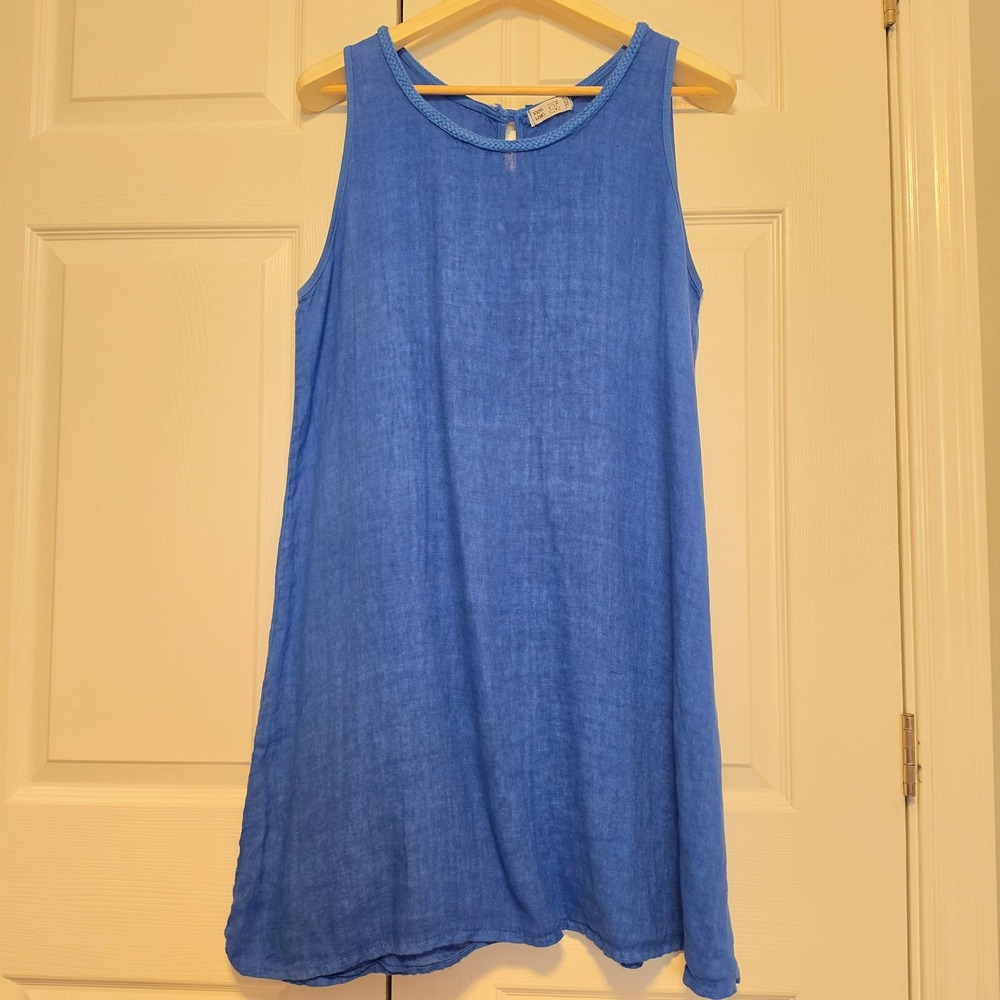 100% LINO Made in Italy Linen Braided Trim Sleeveless Shift Dress Blue Large